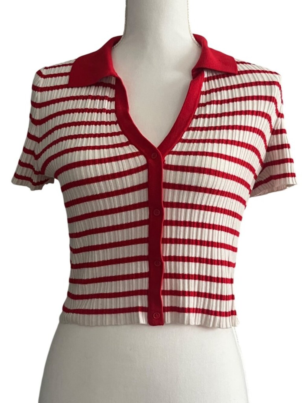 Cherry Red & White Striped Ribbed Cropped Polo Preppy Top H&M Divided Womens M